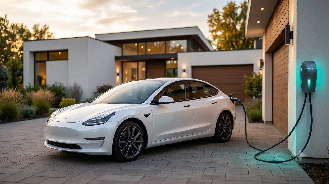 Carro elétrico branco carregando na garagem de uma residência