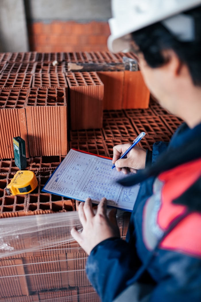 Técnico preenchendo checklist de riscos em obra