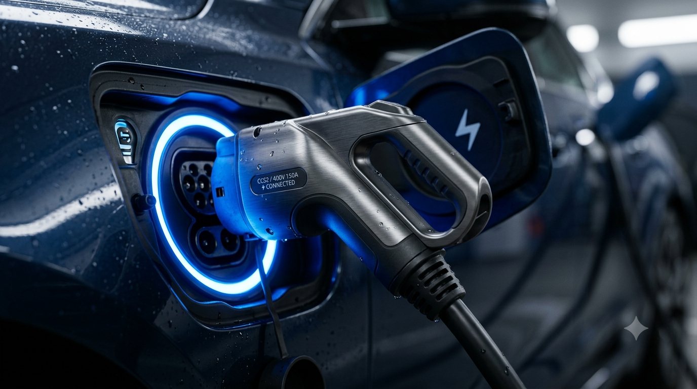 Conector CCS2 iluminado sendo ligado à porta de recarga de um carro elétrico